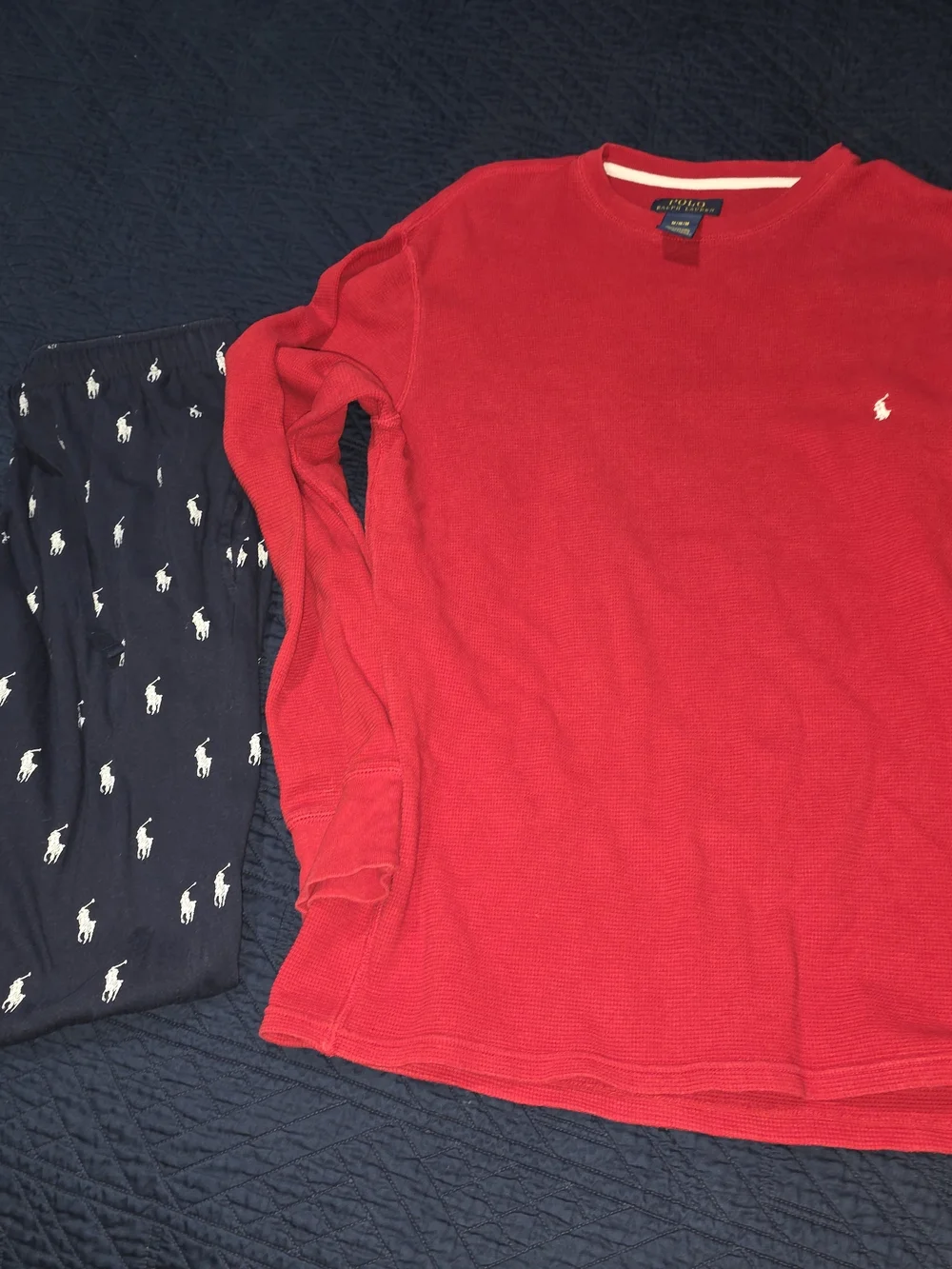 2PC MEDIUM VINTAGE Polo by Ralph Lauren Red Top Navy Pony-Print Pajama Pants SET